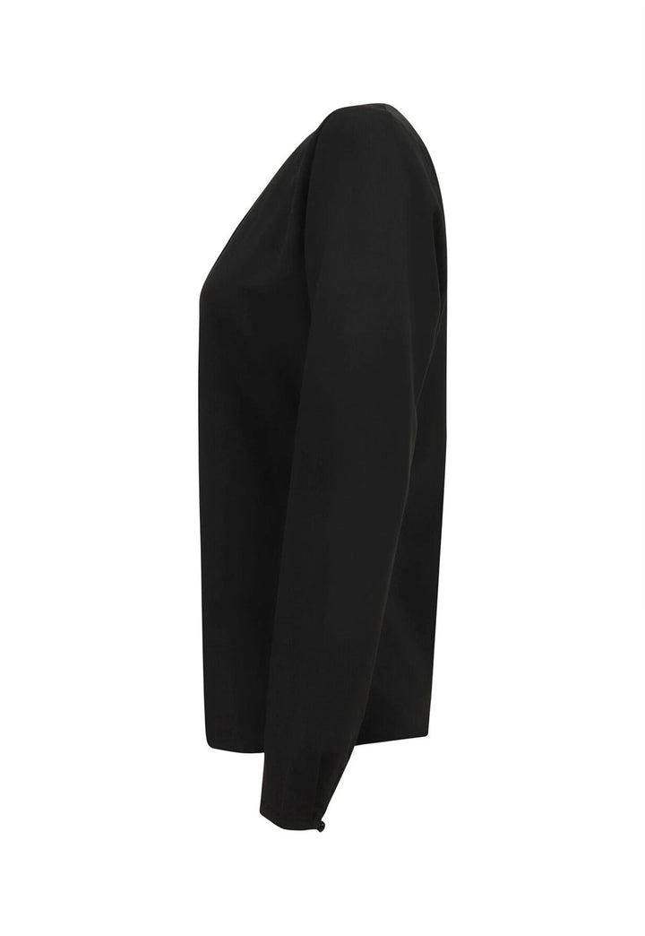 Side view of the Henbury HB598 Women's Pleat Front Long Sleeve Blouse in Black.