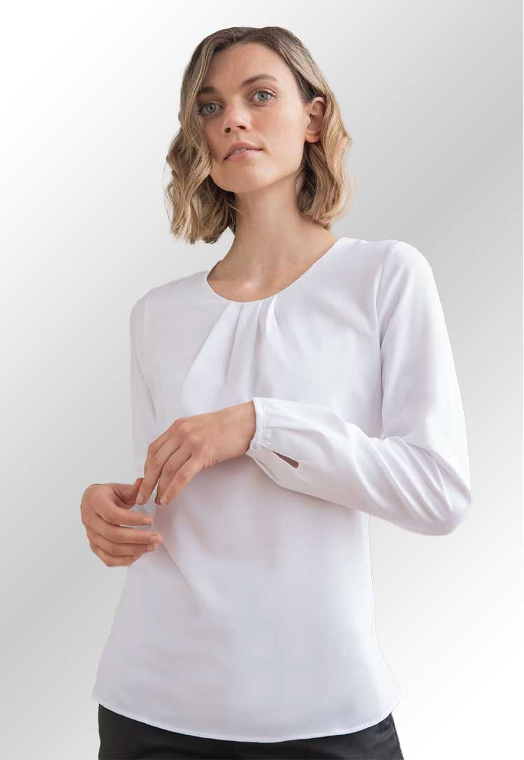 Model wearing a HB598 Women's pleat front long sleeve blouse in White