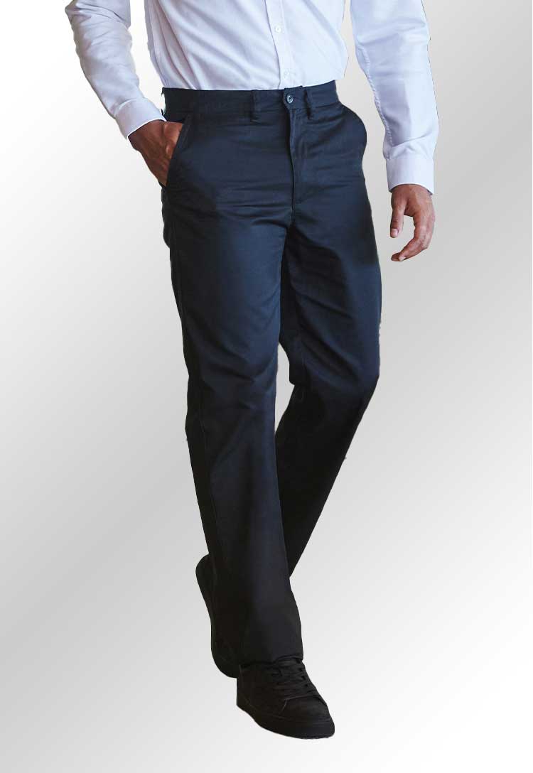 Model wearing HB640 65/35 flat fronted chino trousers in Navy