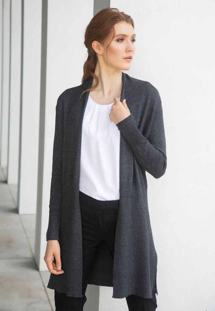 Lifestyle photo of model wearing the Women's Longline Open Cardigan HB719 in Grey Marl.