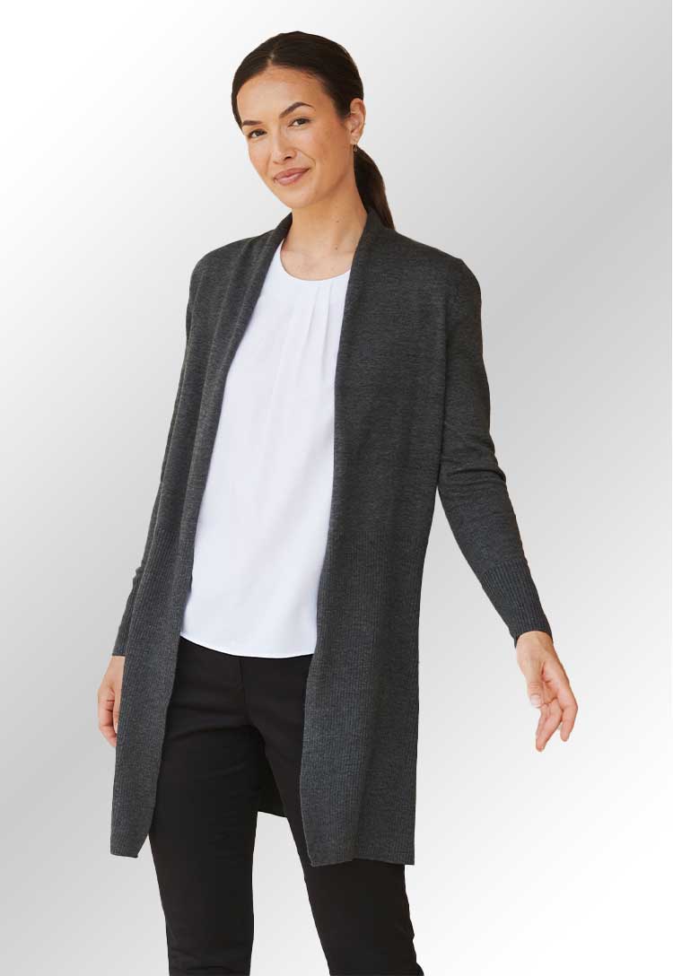 Model wearing HB719 Women's longline open cardigan in Charcoal