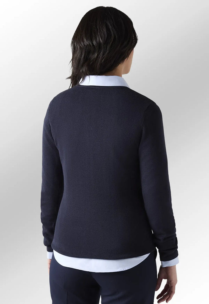 Rear view of model wearing the Henbury Women's 12 Gauge V Neck Jumper in Navy paired with a collared shirt.