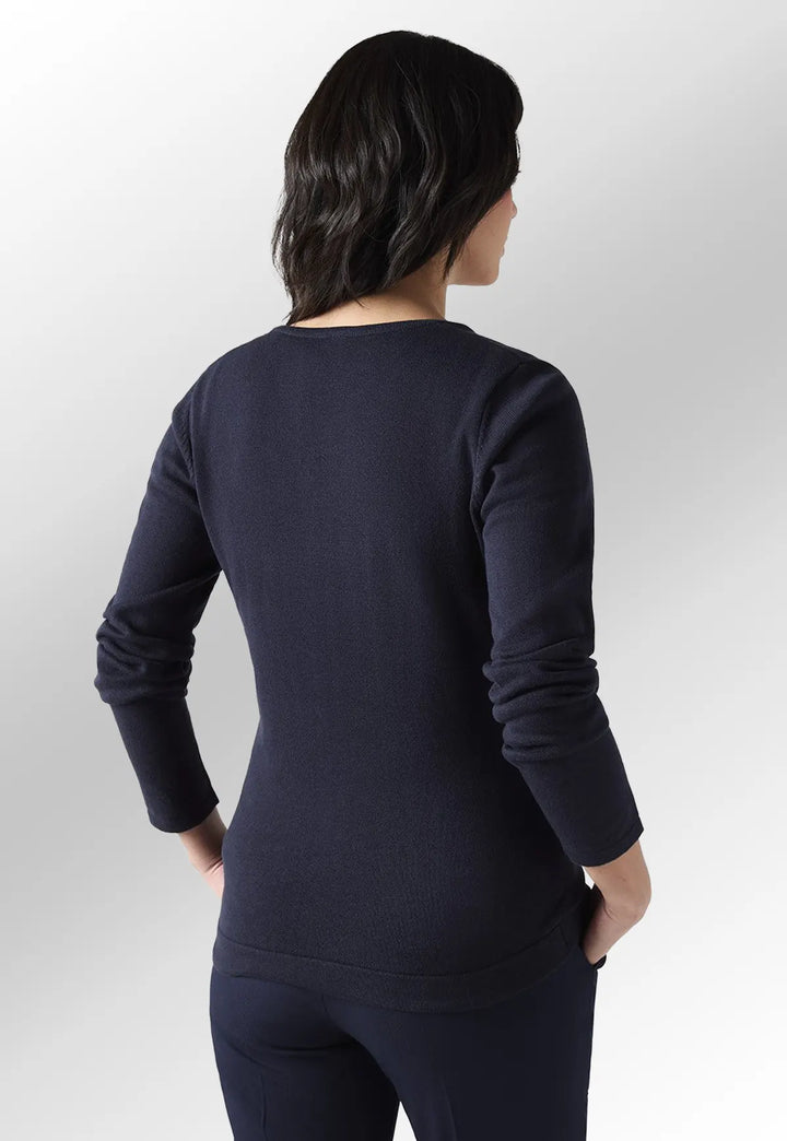 Rear view of model wearing the Henbury Women's 12 Gauge V Neck Jumper in Navy.