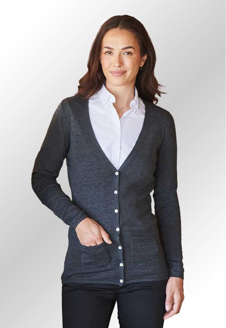 Model wearing HB723 Women's v-button cardigan in Charcoal