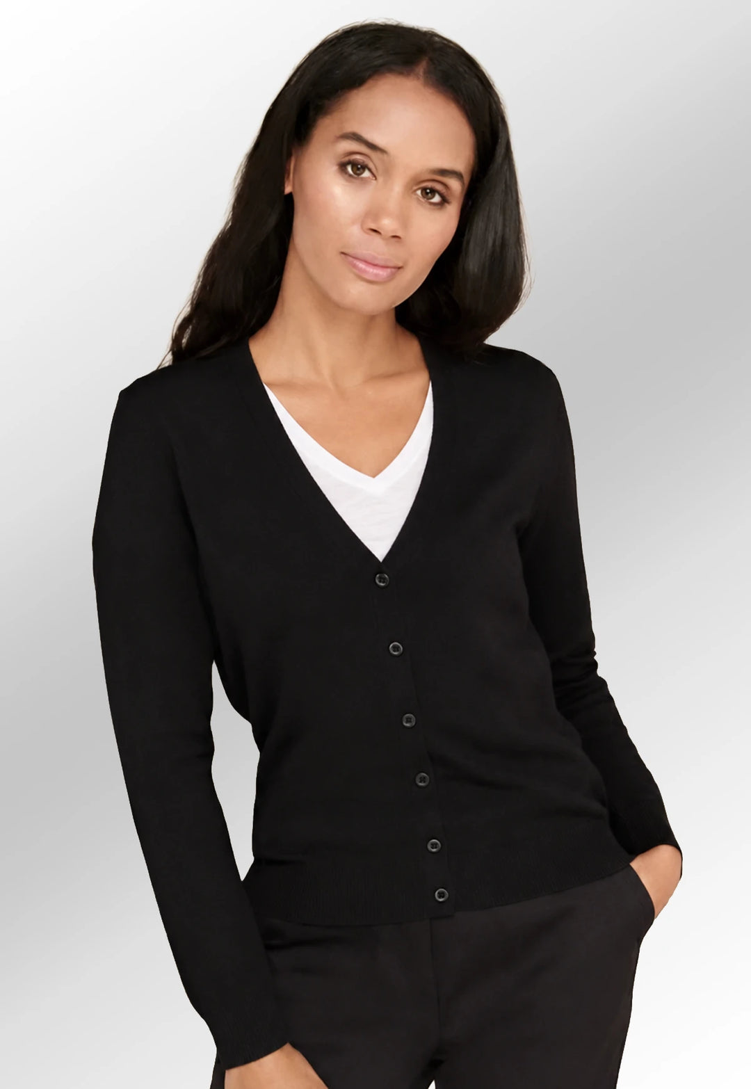 Model wearing the Henbury Women's V Neck Cardigan HB726 in Black.