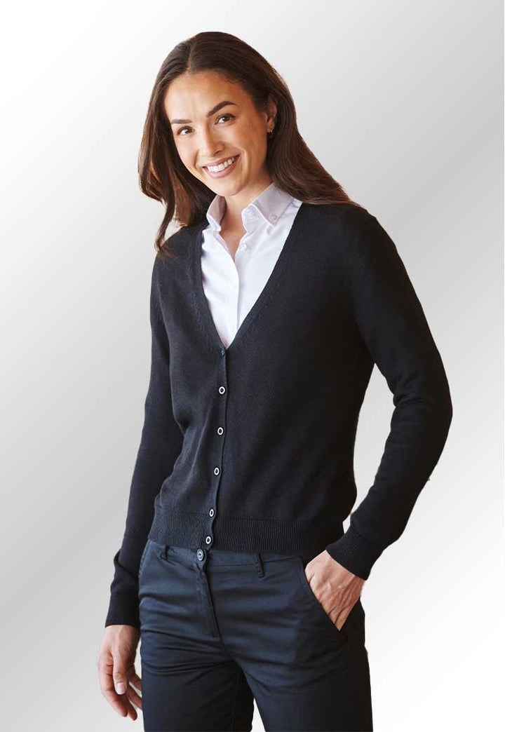 Model wearing a HB726 Women's v-neck cardigan in Black