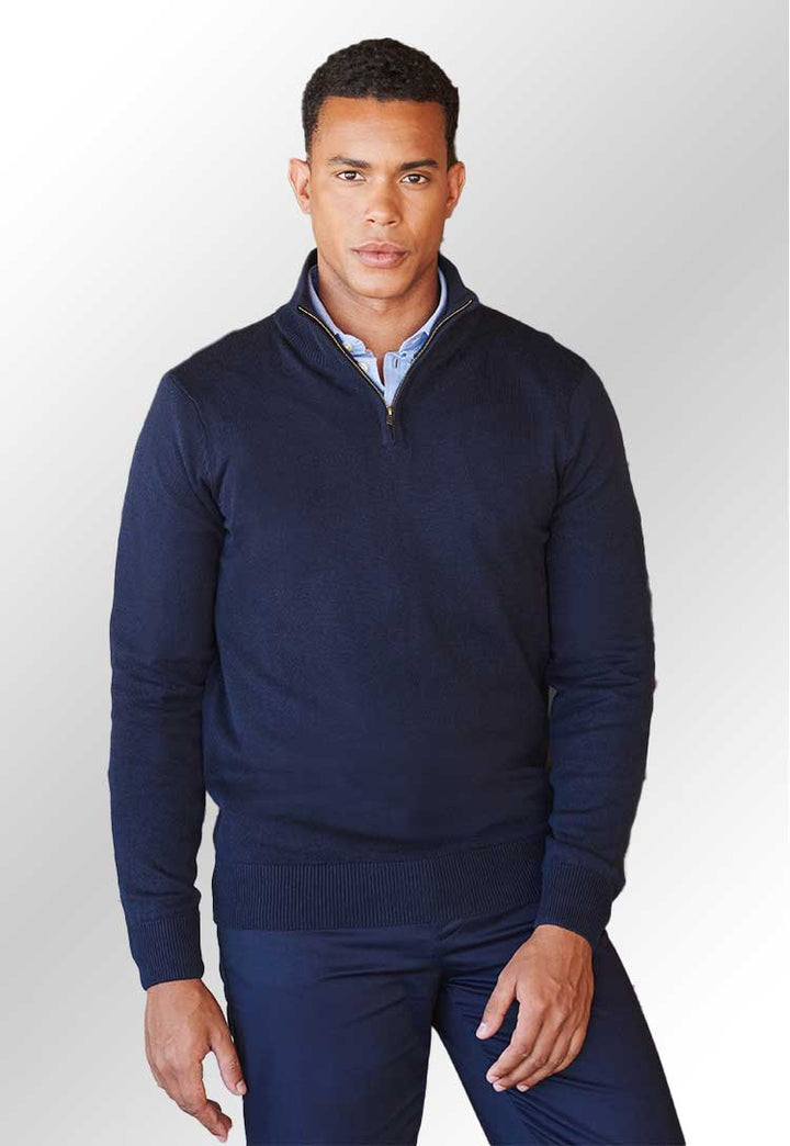 Model wearing HB729 ¼ zip jumper in Navy