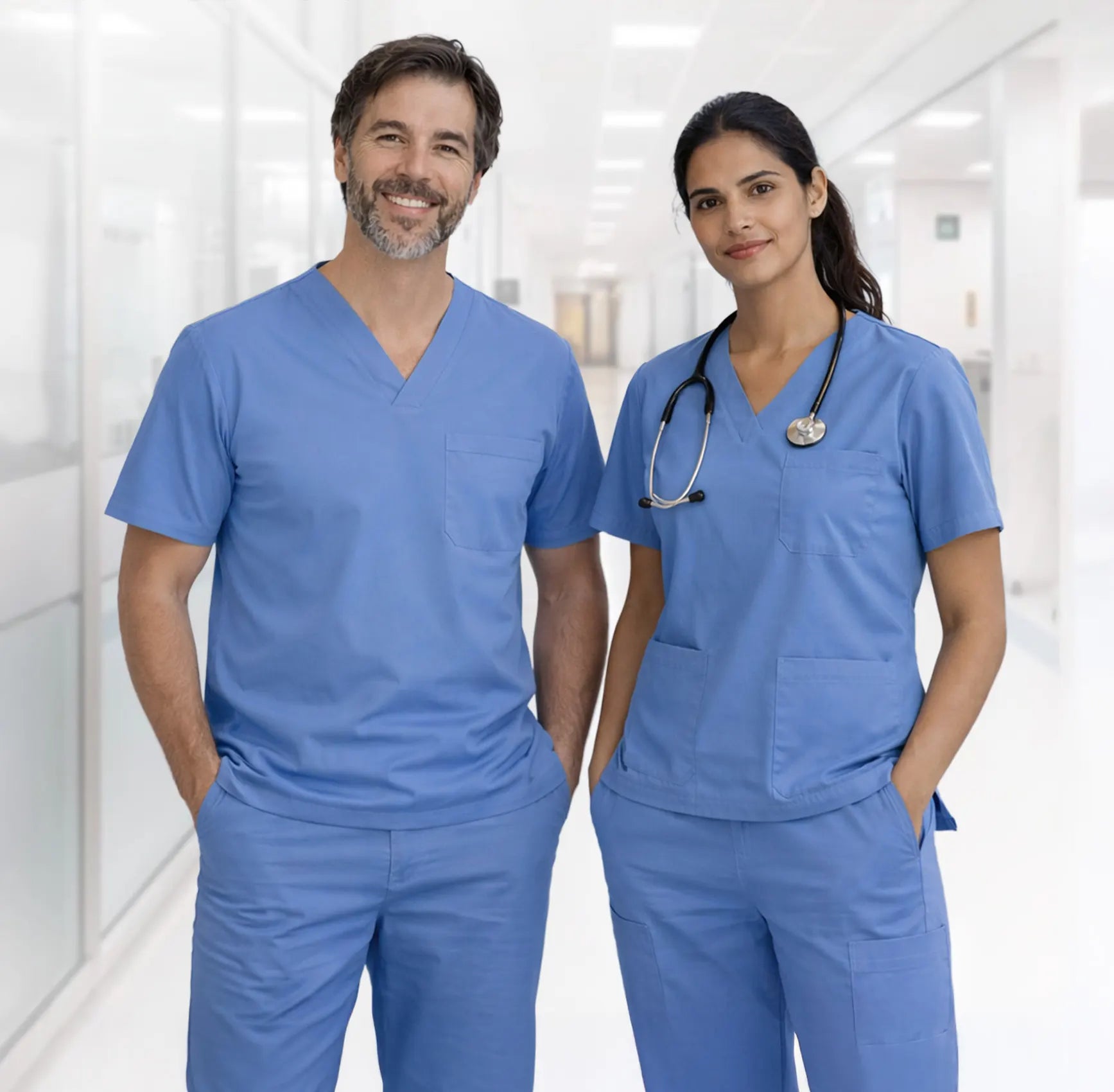2 models wearing Hospital blue healthcare scrubs