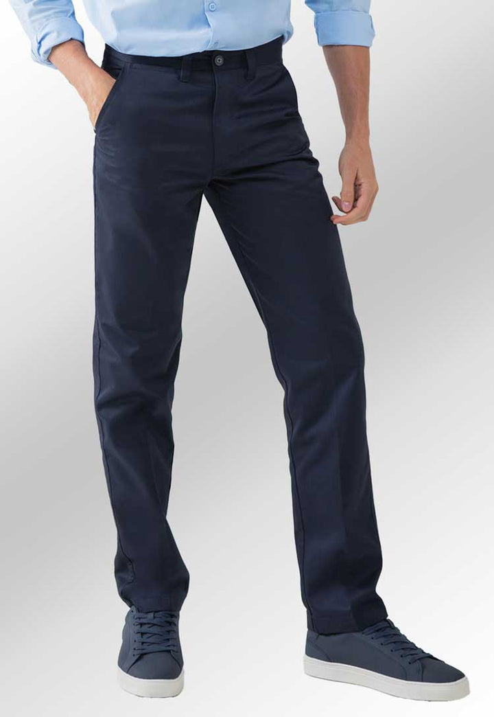 Model Wearing Men's Flat Fronted Chino Trousers HB640 in Navy