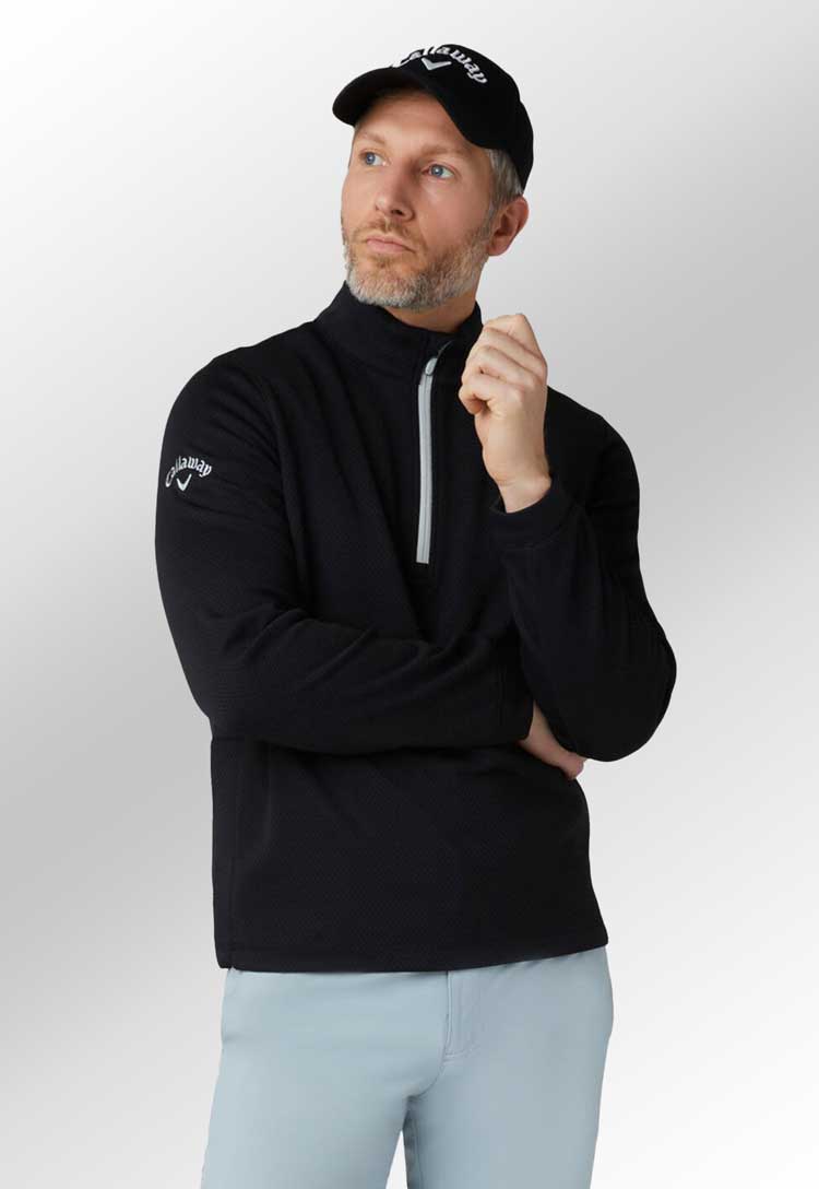 Golf Hex Fleece CW089 in caviar worn by model 