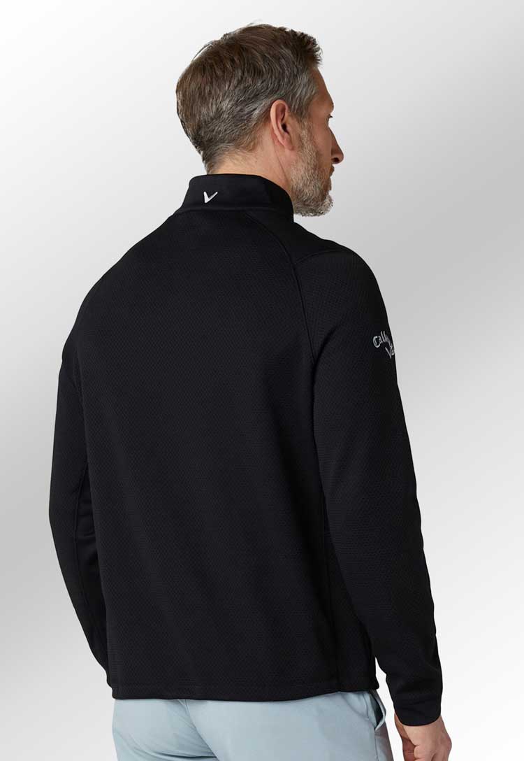 Golf Hex Fleece CW089 in caviar worn by model rear view 