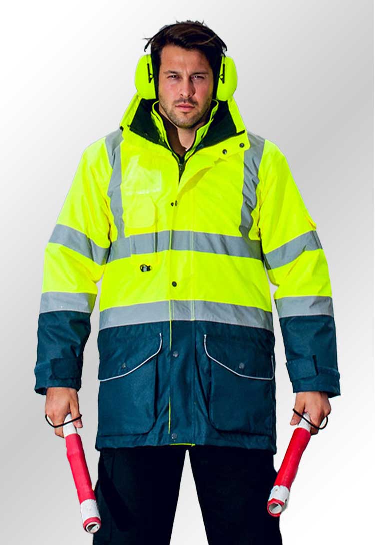 Model Wearing Hi Vis 7 in 1 Contrast Traffic Jacket S426 in Yellow/Navy