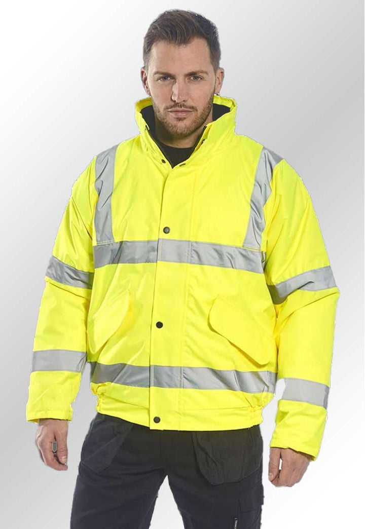 Model Wearing Hi Vis Bomber Jacket S463 in Yellow