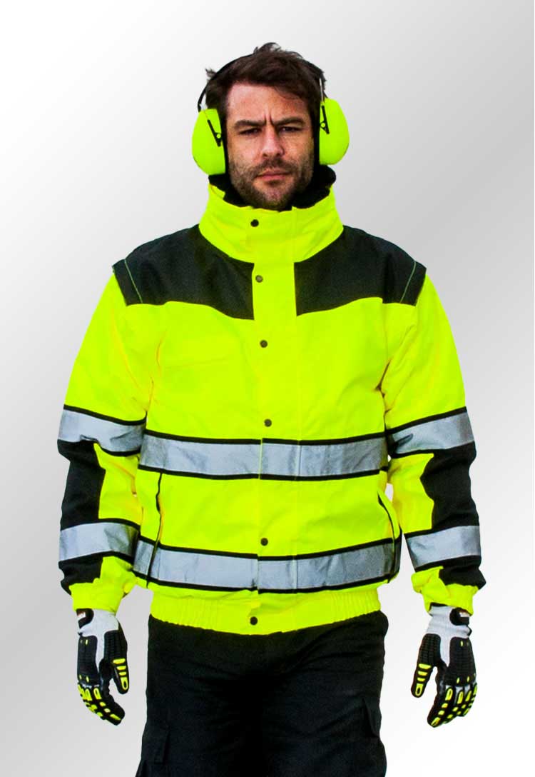 Model Wearing Hi Vis Classic Bomber Jacket C466 in Yellow/Black