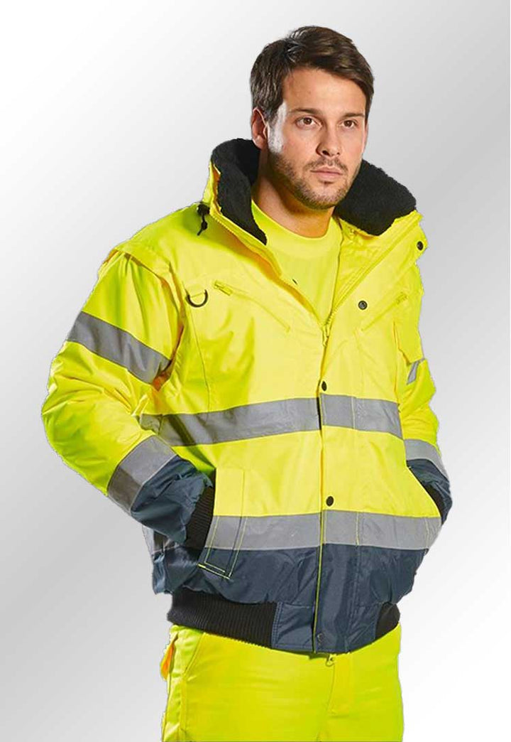 Model Wearing Hi Vis Contrast Bomber Jacket C465 in Yellow/Navy