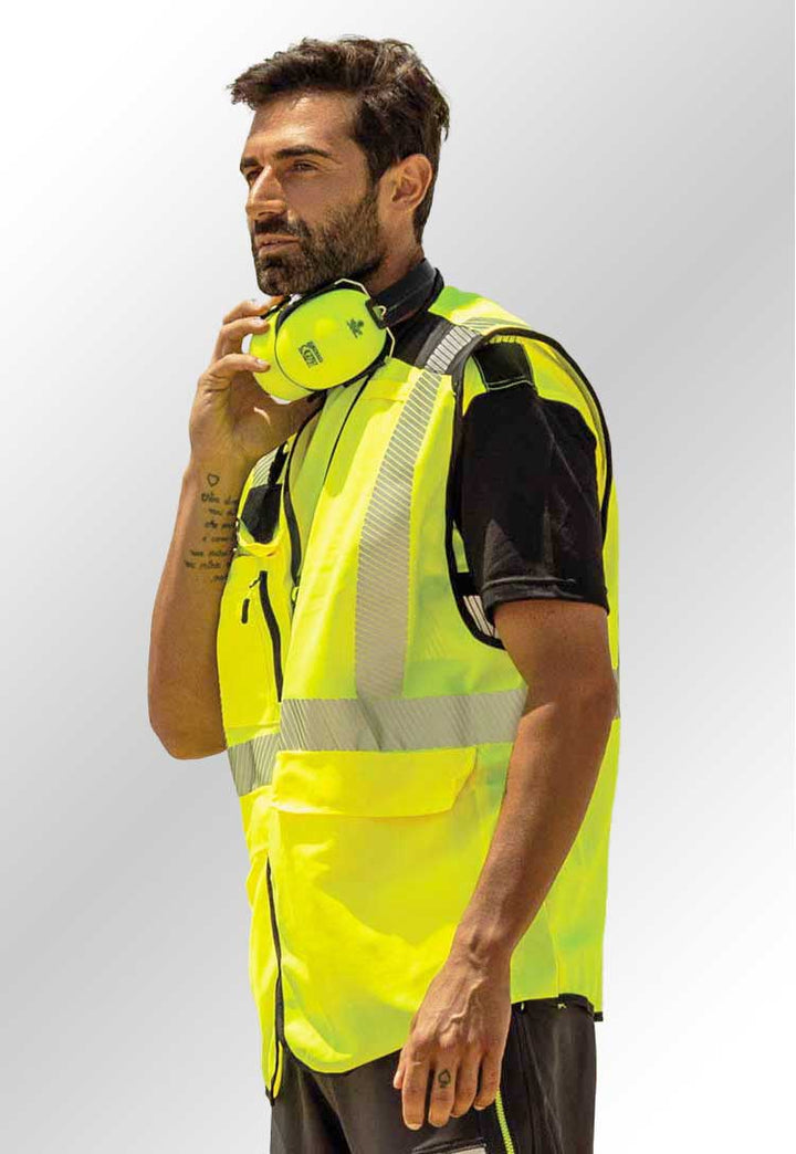 Model Wearing PW3 Hi-Vis Executive Vest PW309 in Yellow