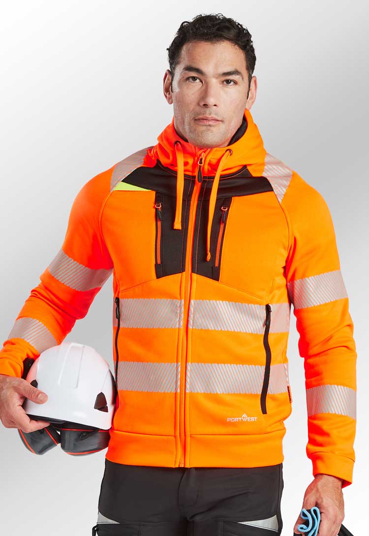 Model Wearing DX4 Hi-Vis Funnel Neck Sweatshirt DX477 in Orange