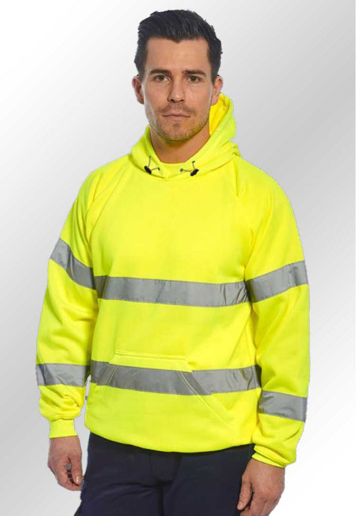 Model Wearing Hi Vis Hooded Sweatshirt B304 in Yellow