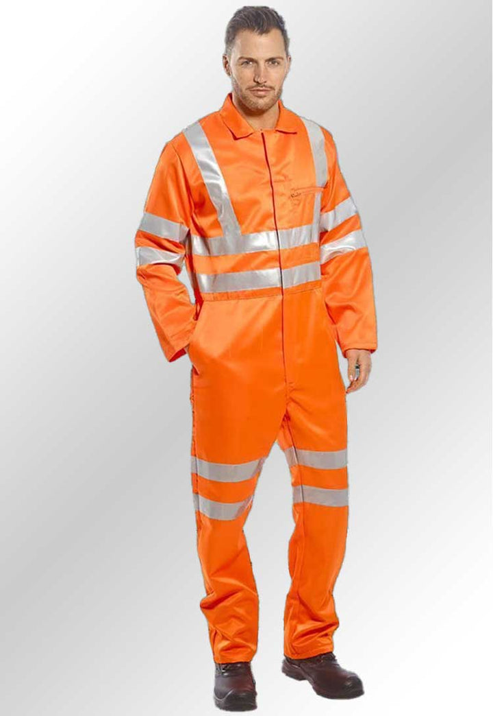 Model Wearing Hi Vis Poly Cotton Coverall RT42 in Orange