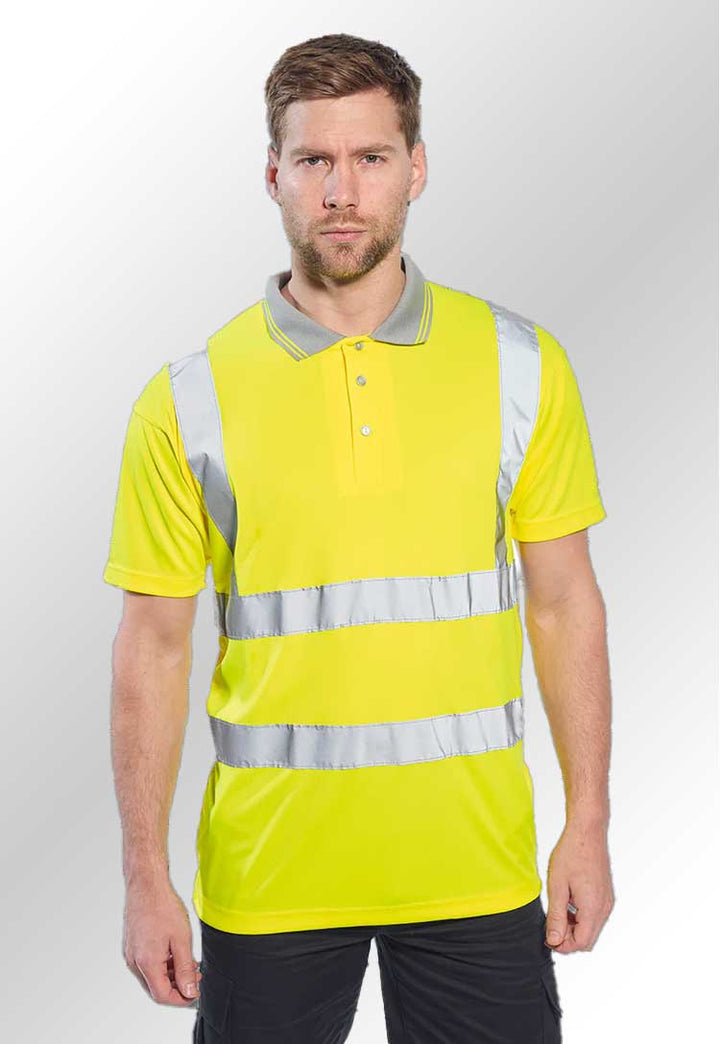 Model Wearing Hi Vis Short Sleeve Polo S477 in Yellow