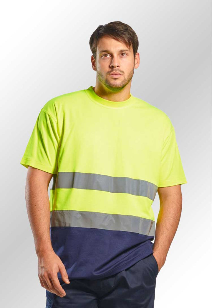 Model Wearing Hi Vis Two Tone Cotton Comfort T Shirt S173 in Yellow/Navy