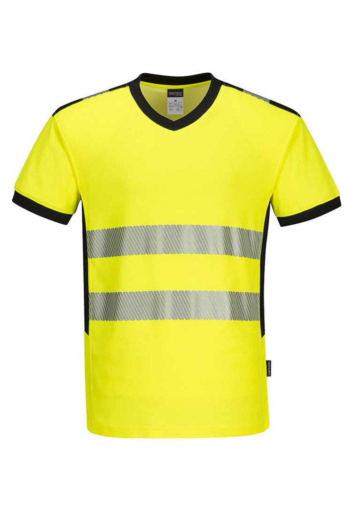 PW3 Hi-Vis V-Neck Mesh Insert T-Shirt S/S PW310 in Yellow/Black