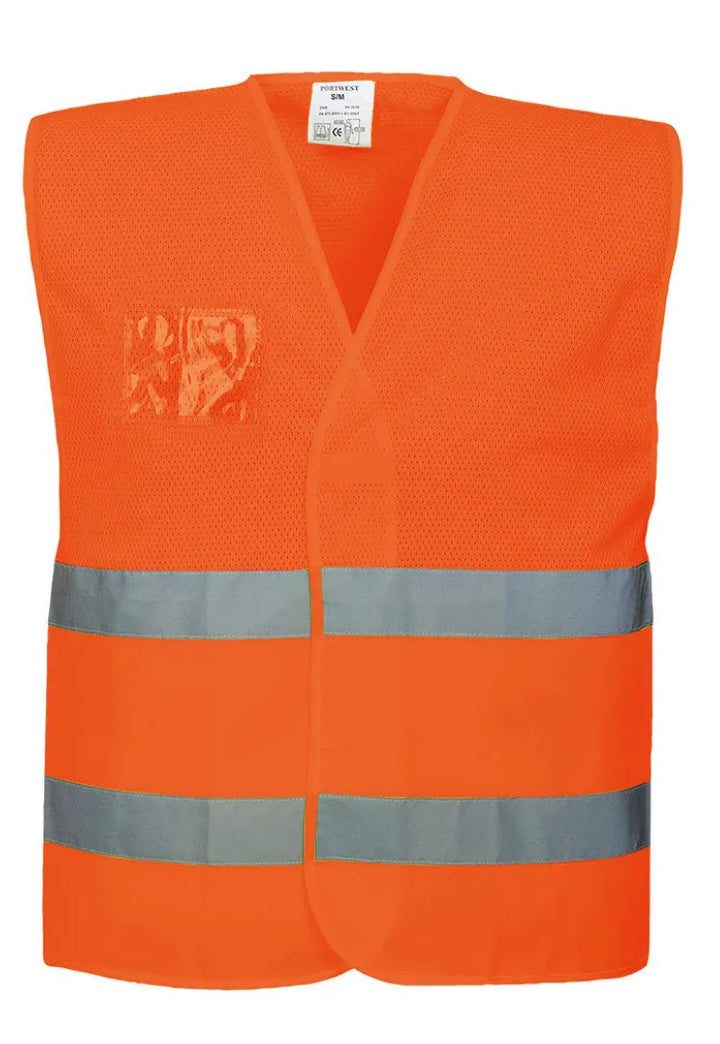 Orange hi-vis vest in half mesh fabric with reflective bands