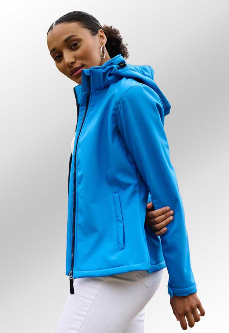 Model Wearing Regatta Women's Venturer 3-Layer Hooded Softshell Jacket RG153 in French Blue/Navy