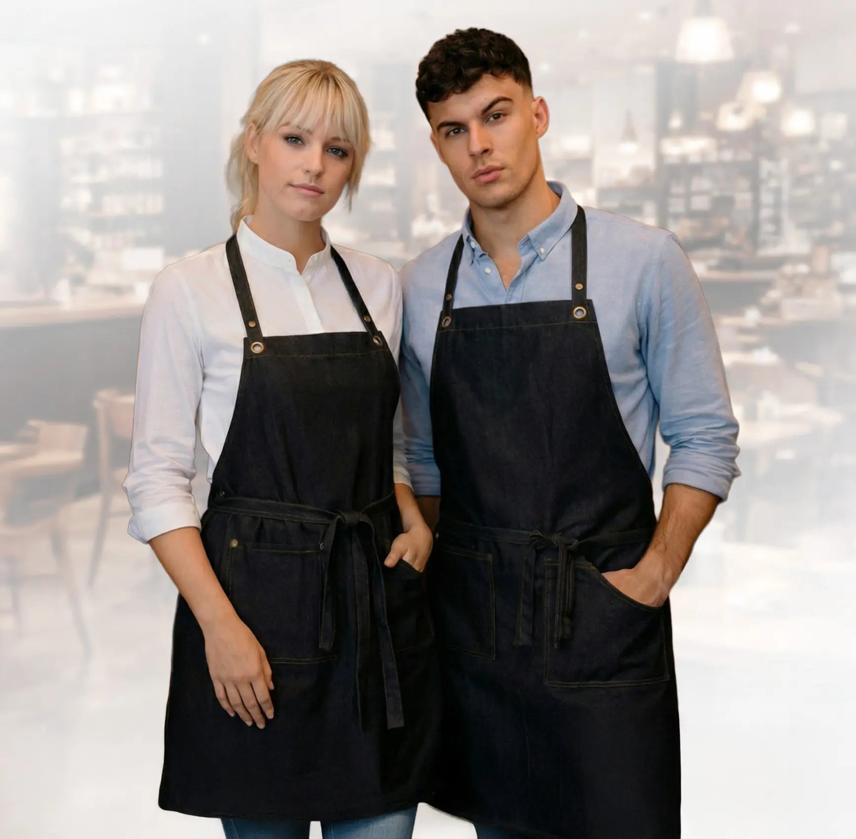 2 models wearing hospitality aprons
