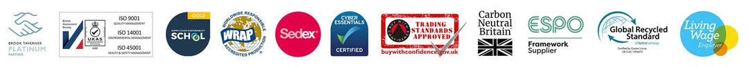 A wide banner of certification logos and badges, including VCI, BSCI, SEDEX, GOTS, Fair Trade Australia, GOTS, OEKO-TEX, Carbon Neutral, Fair Trade Certified, and EcoVadis.