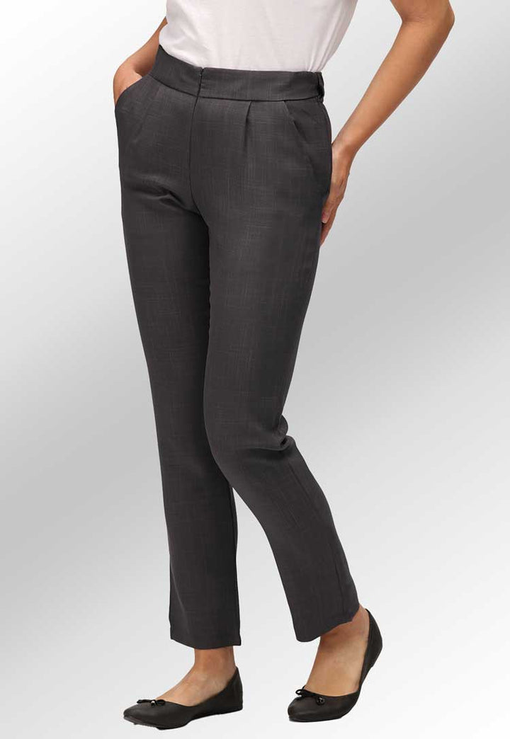 Model Wearing Ila Slim Leg Salon Trousers in Grey