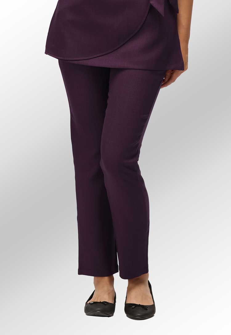 Model Wearing Ila Slim Leg Salon Trousers in Plum