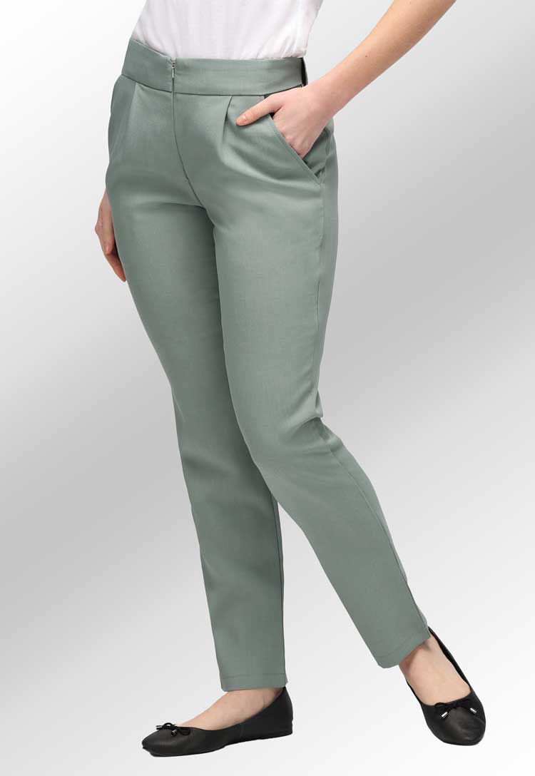 Model Wearing Ila Slim Leg Salon Trousers in Sage