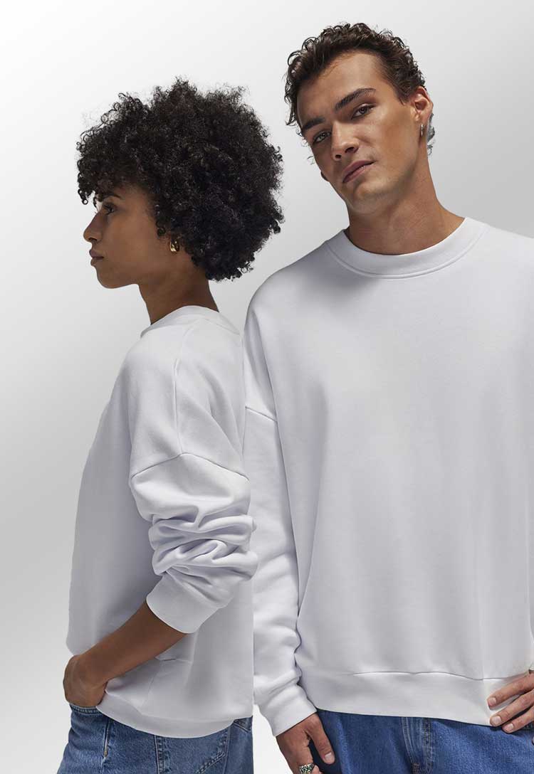 models wearing B&C Influence Crew Sweatshirt BA033 in white