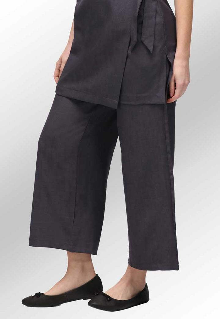 Model Wearing Ivy Culotte Salon Trousers in Grey