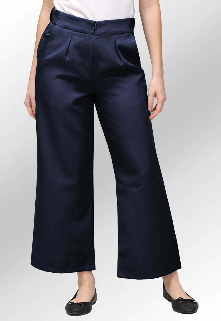 Model Wearing Ivy Culotte Salon Trousers in Navy