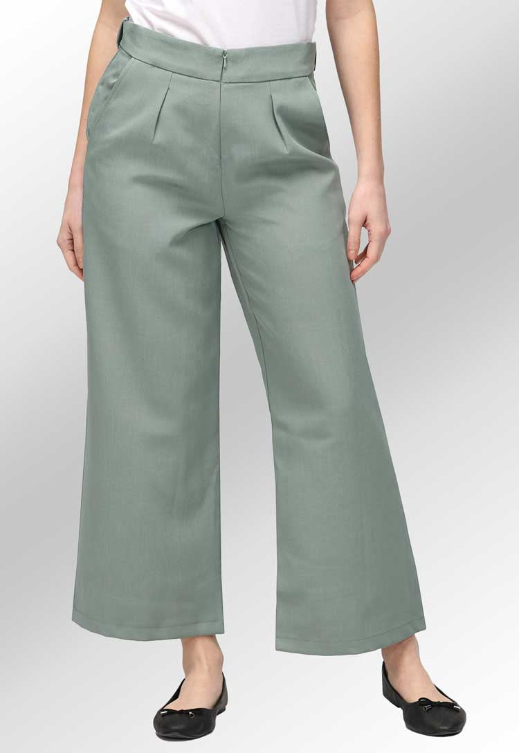 Model Wearing Ivy Culotte Salon Trousers in Sage