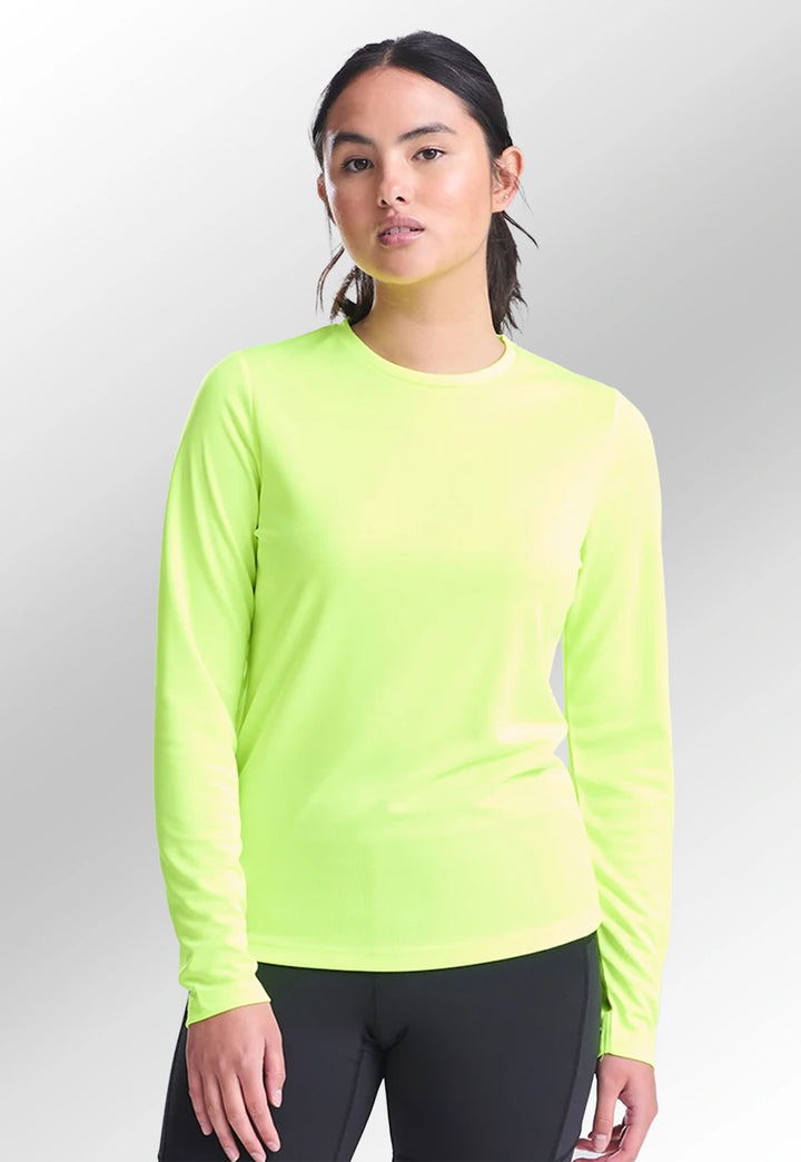 Model wearing the Women's Long Sleeve Cool T-Shirt JC012 in Electric Yellow.