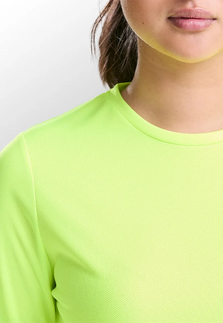 Closeup view of model wearing the Women's Long Sleeve Cool T-Shirt JC012 in Electric Yellow.