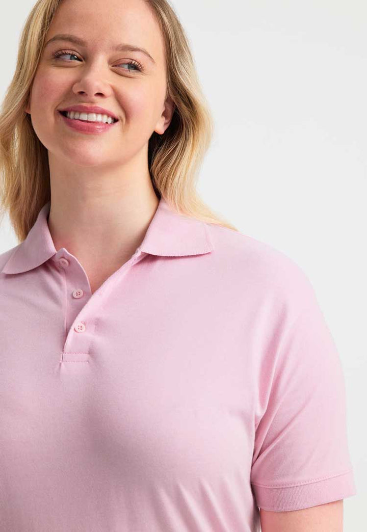 close up of model wearing Jersey Polo Shirt  in pink