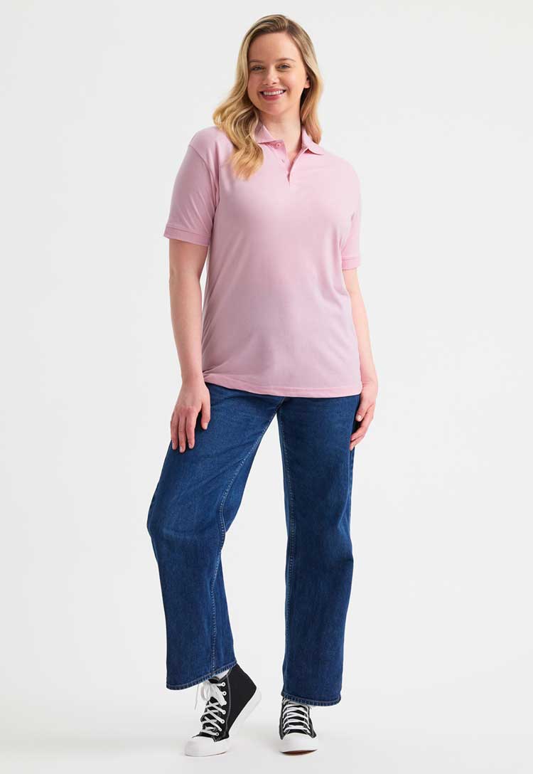 full length model wearing Jersey Polo Shirt  in pink