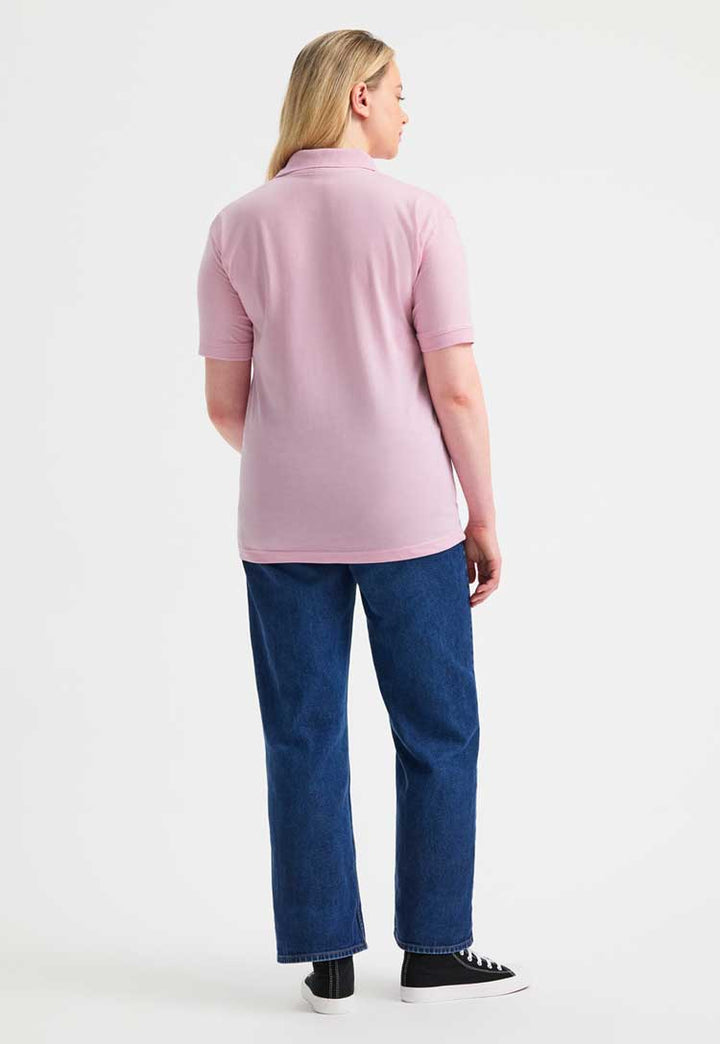 full length back view of model wearing Jersey Polo Shirt  in pink