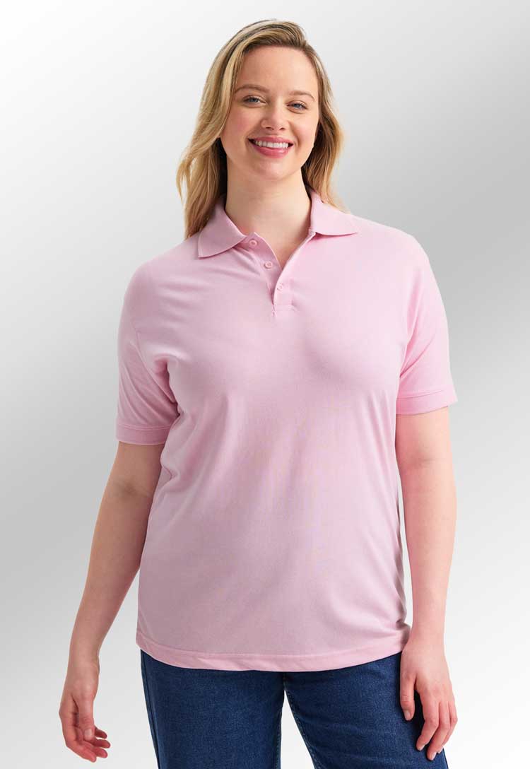 model wearing Jersey Polo Shirt  in pink