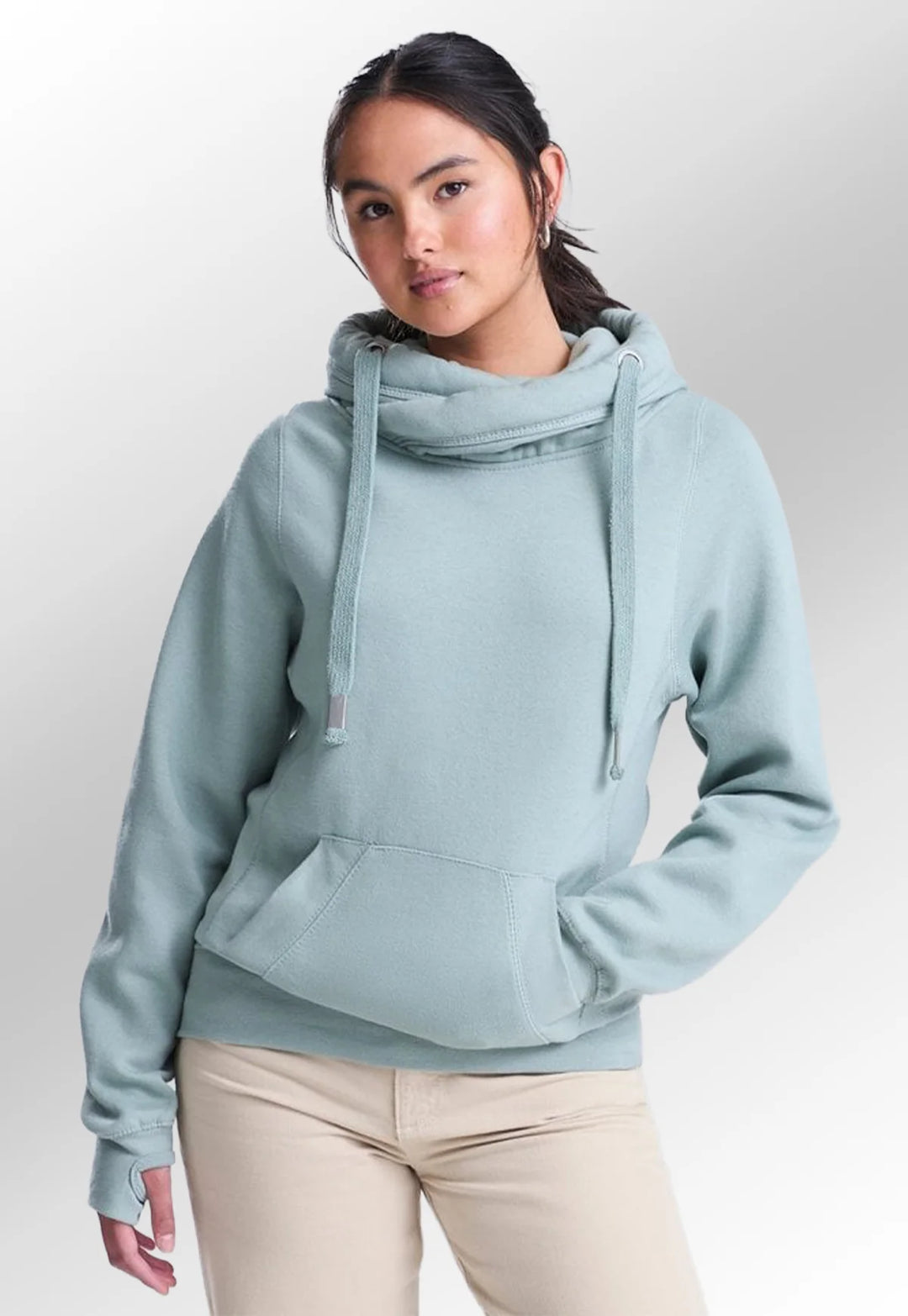 Model wearing the AWDis Cross Neck Hoodie JH021.