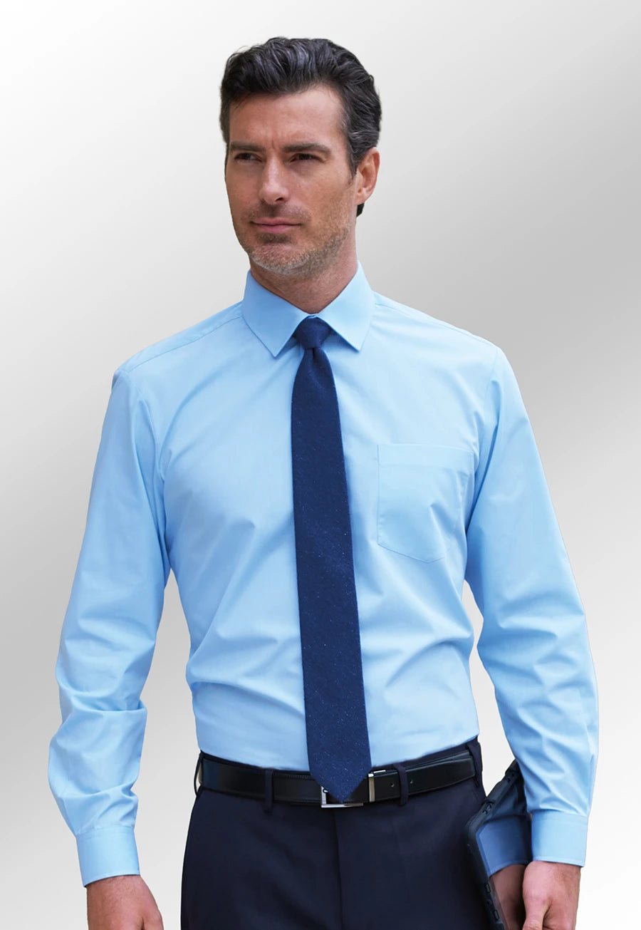 Model wearing the Brook Taverner Men's Juno Shirt in Blue