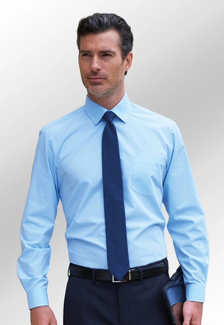 Model wearing the Brook Taverner Men's Juno Shirt in Blue
