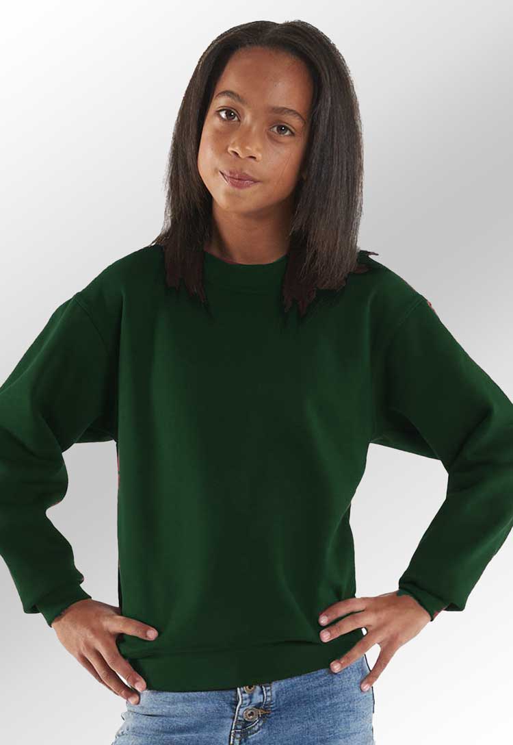 model wearing School Uniform Sweatshirt in bottle green