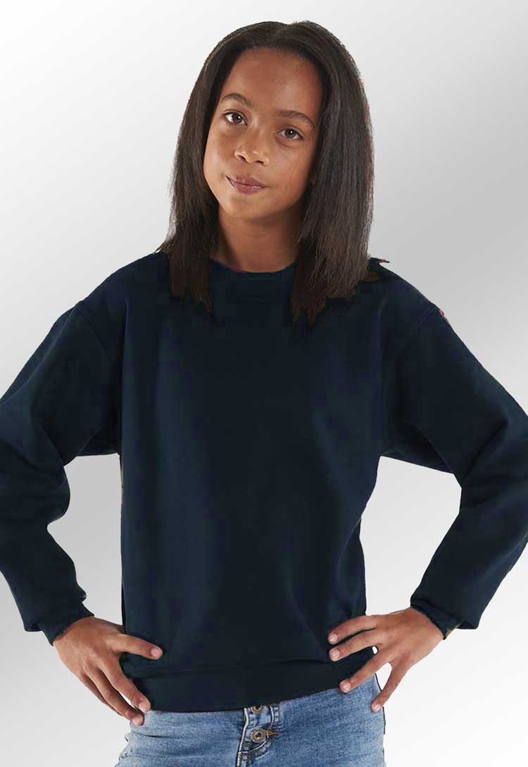 model wearing School Uniform Sweatshirt in navy