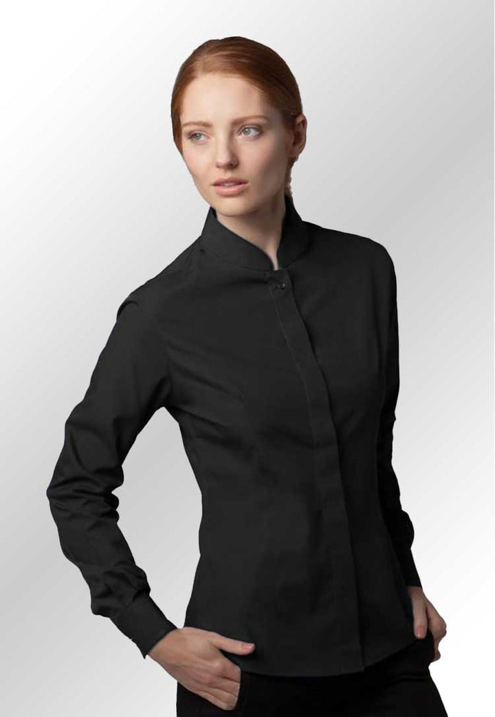 Model wearing a KK261 Women's mandarin collar shirt long-sleeved in Black