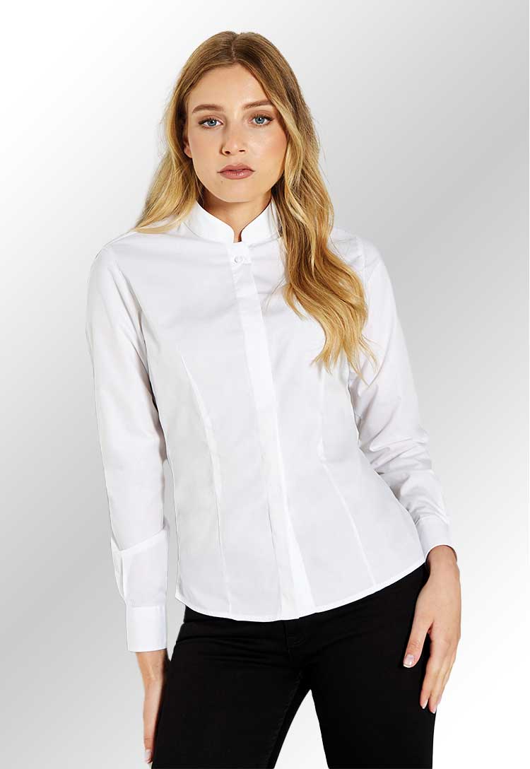 Model wearing a KK261 Women's mandarin collar shirt long-sleeved in White